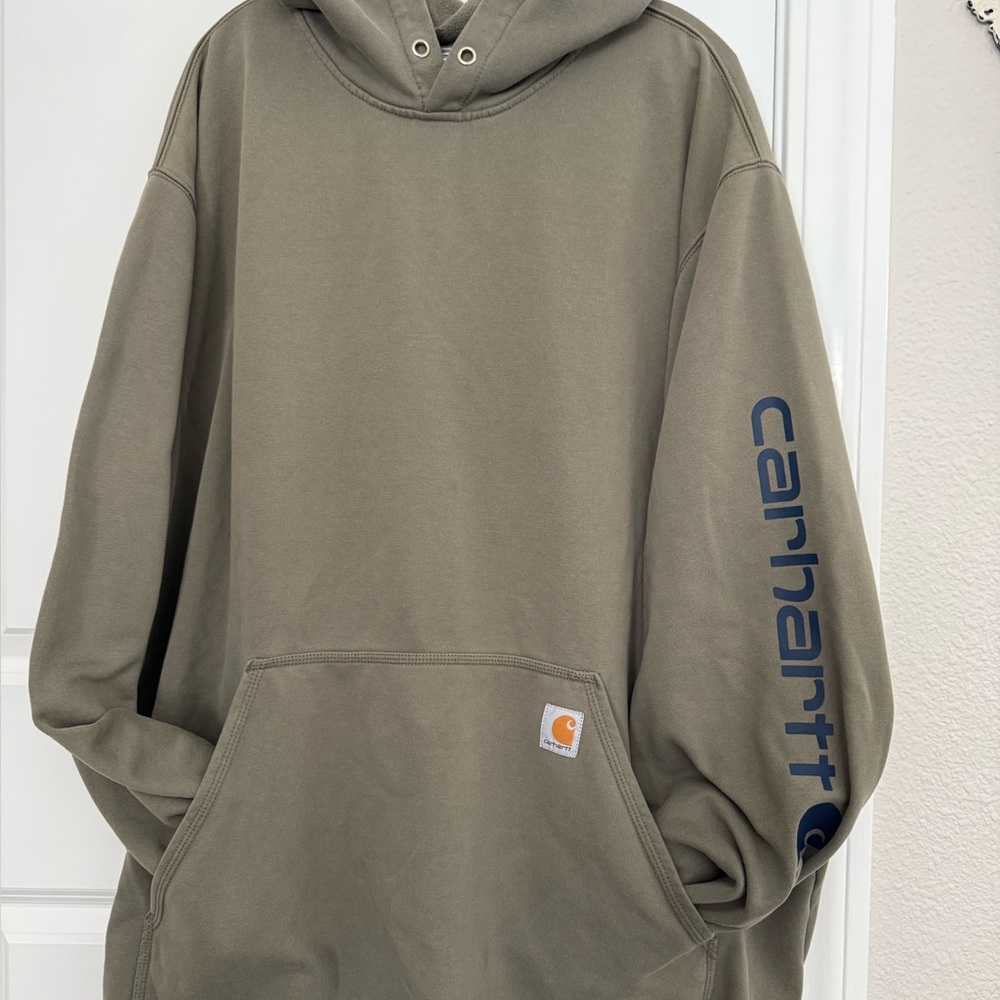 Carhartt Olive Hoodie with Navy Sleeve Text